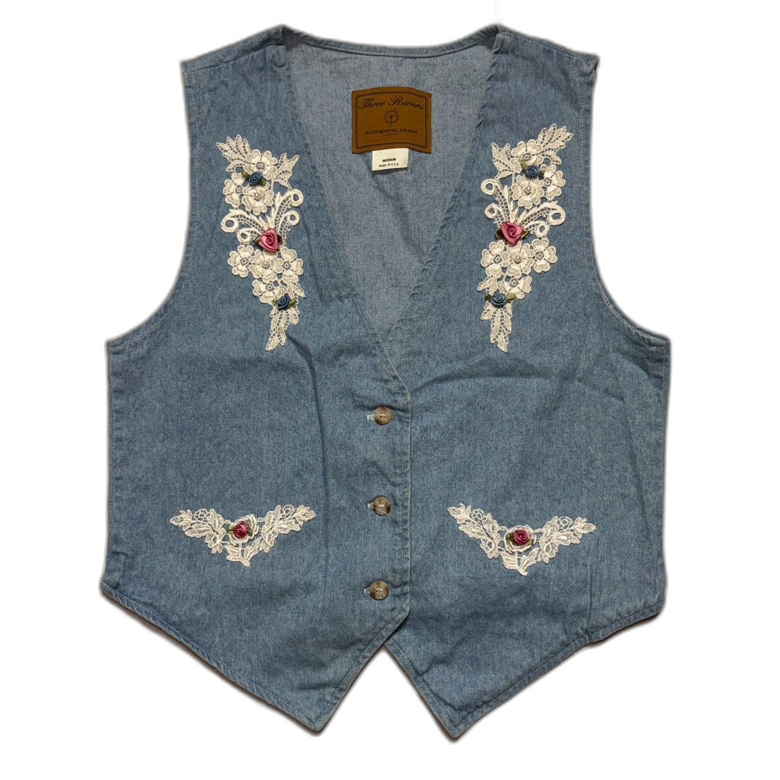 Three Rivers Lace Embroidered Denim Vest Womens Medium Made In Usa Vintage 90s